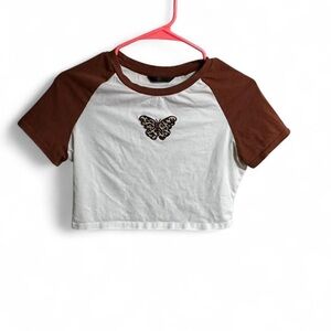shein L Brown and white butterfly crop top